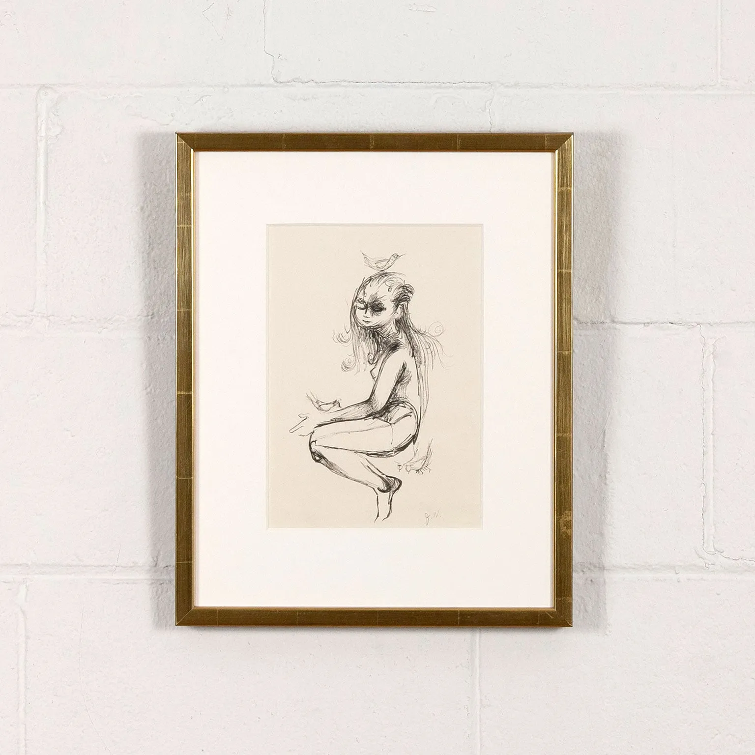 JOYCE WIELAND "GIRL WITH BIRDS" DRAWING