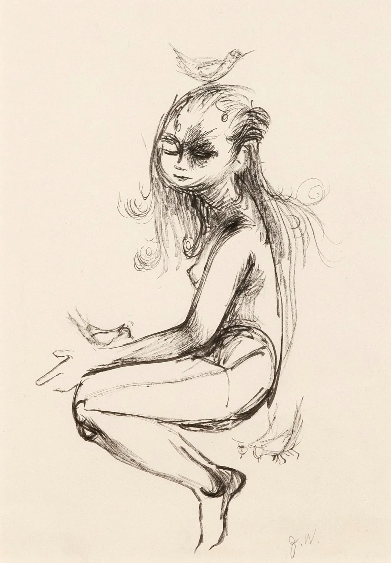 JOYCE WIELAND "GIRL WITH BIRDS" DRAWING