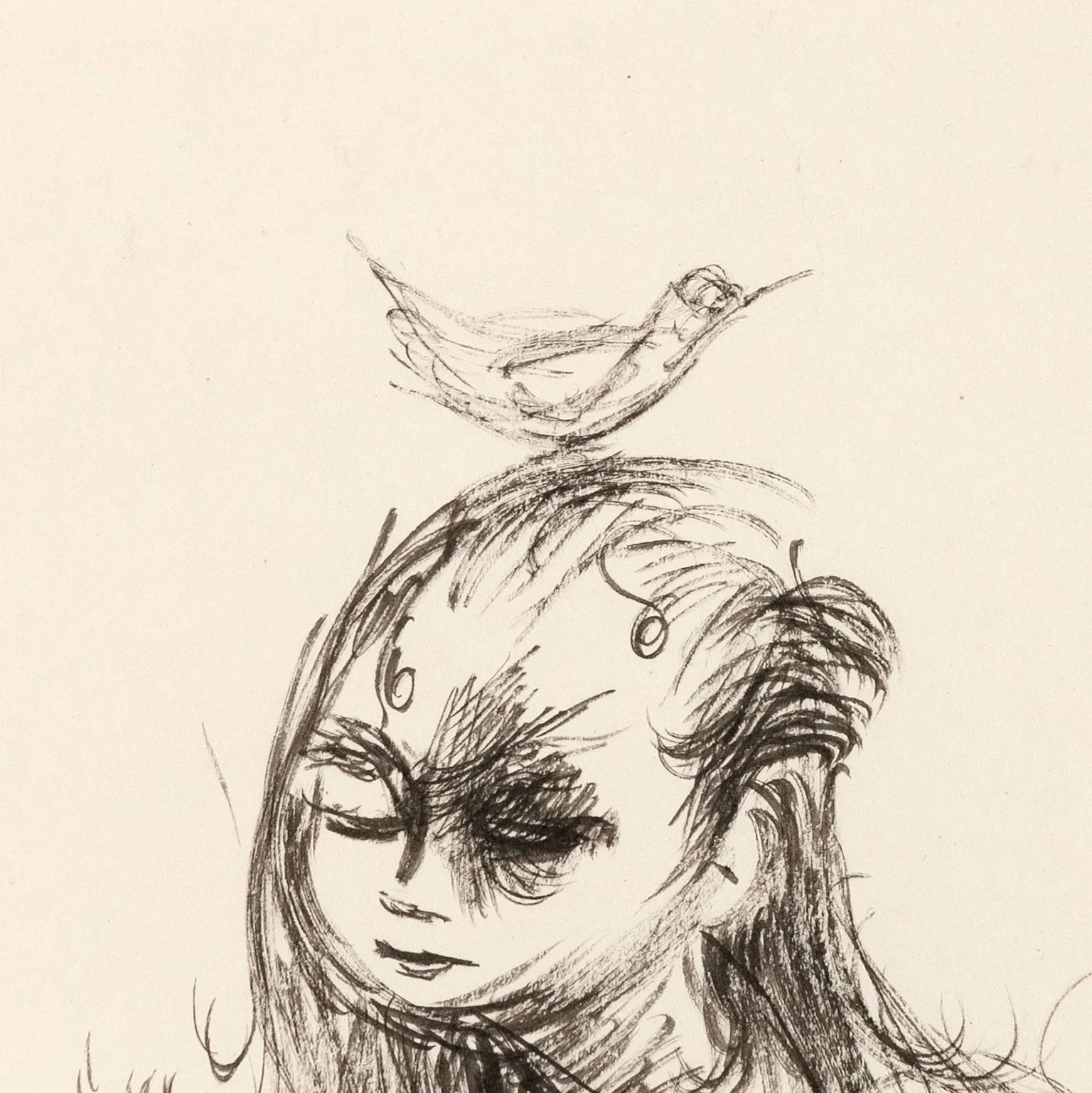 JOYCE WIELAND "GIRL WITH BIRDS" DRAWING