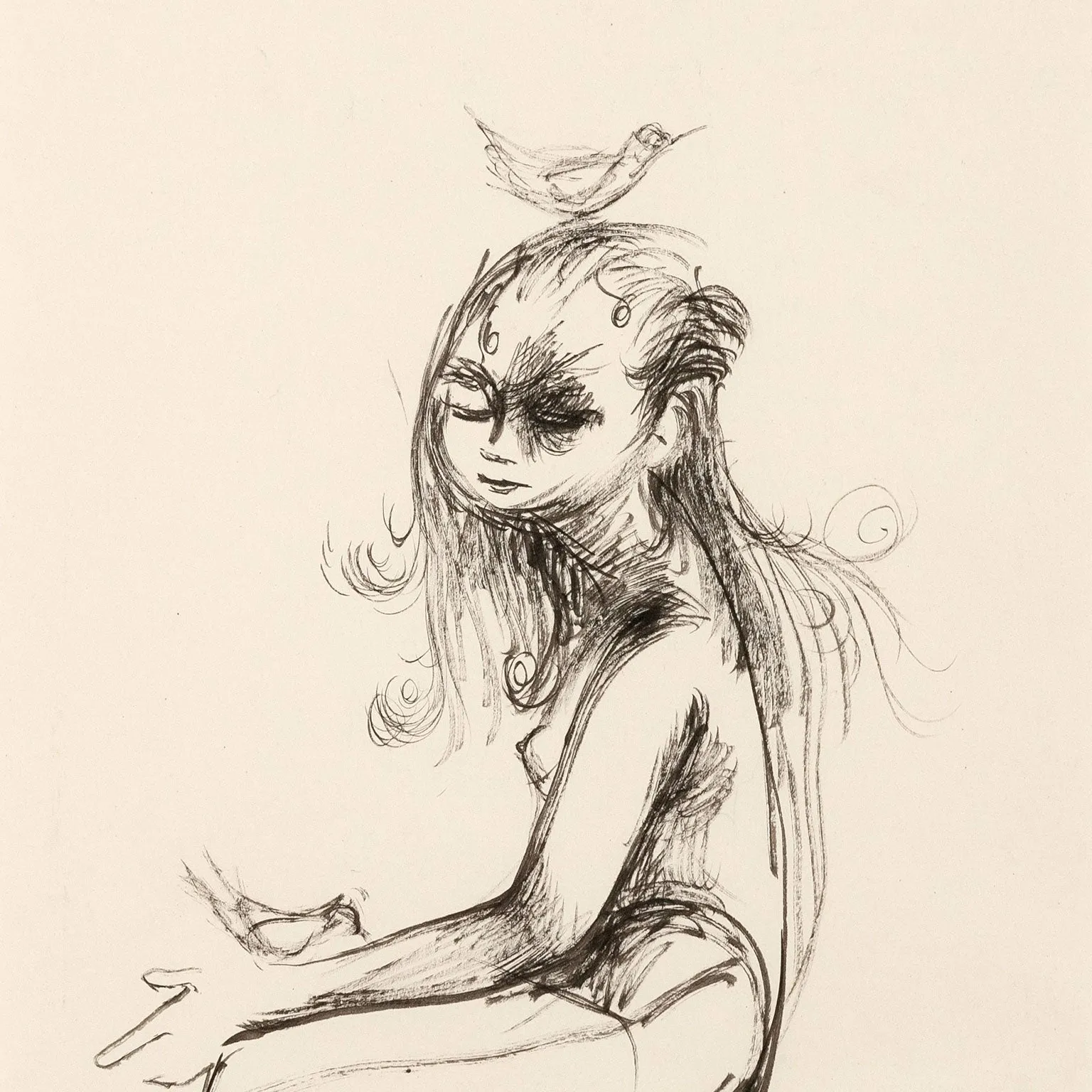 JOYCE WIELAND "GIRL WITH BIRDS" DRAWING