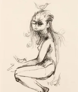 JOYCE WIELAND "GIRL WITH BIRDS" DRAWING