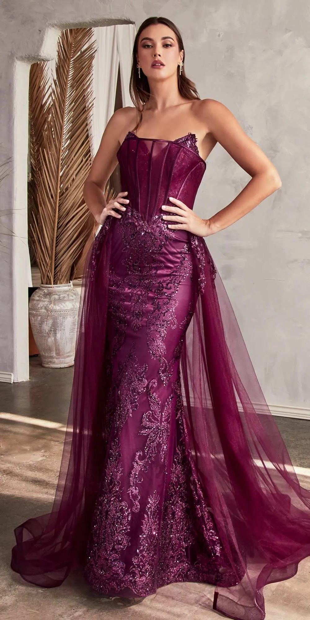 Ladivine J858 Long Strapless Glitter Mermaid Gown Removable Tulle Skirt