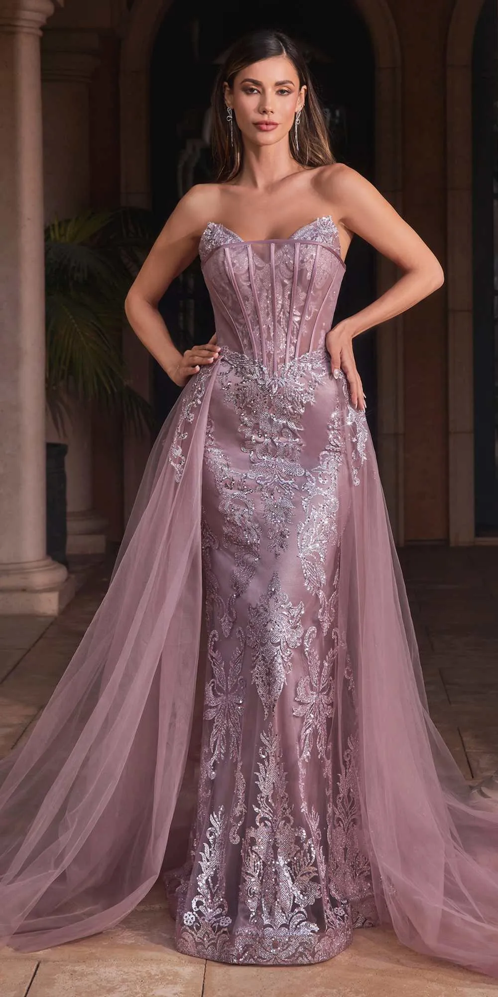 Ladivine J858 Long Strapless Glitter Mermaid Gown Removable Tulle Skirt