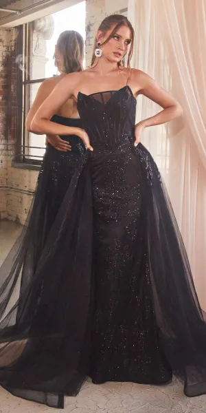 Ladivine J858 Long Strapless Glitter Mermaid Gown Removable Tulle Skirt