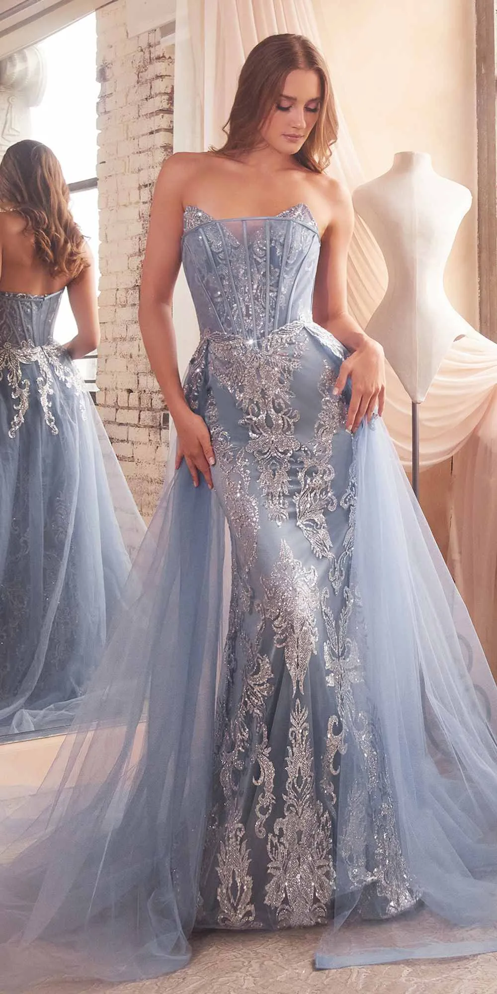 Ladivine J858 Long Strapless Glitter Mermaid Gown Removable Tulle Skirt