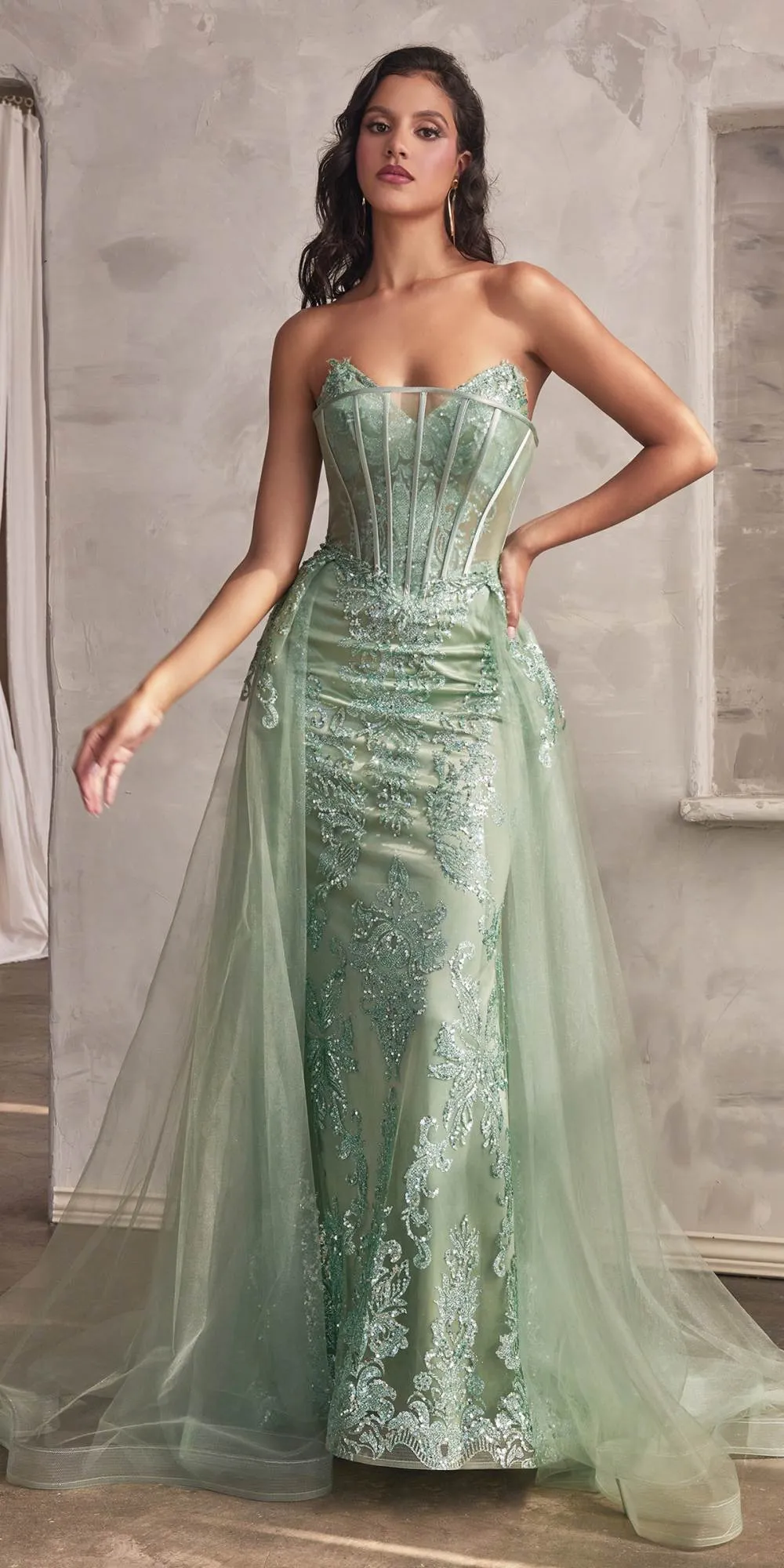 Ladivine J858 Long Strapless Glitter Mermaid Gown Removable Tulle Skirt
