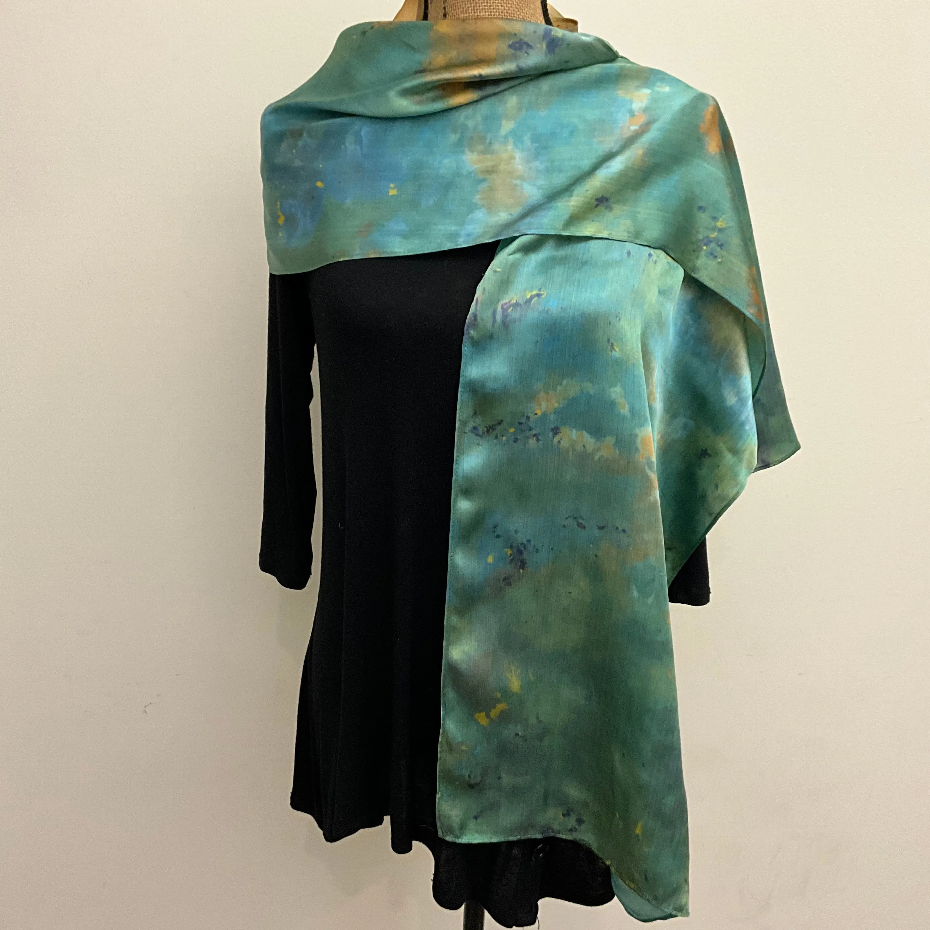 large Ice Dyed Silk Satin Scarf - Turquoise Colorway