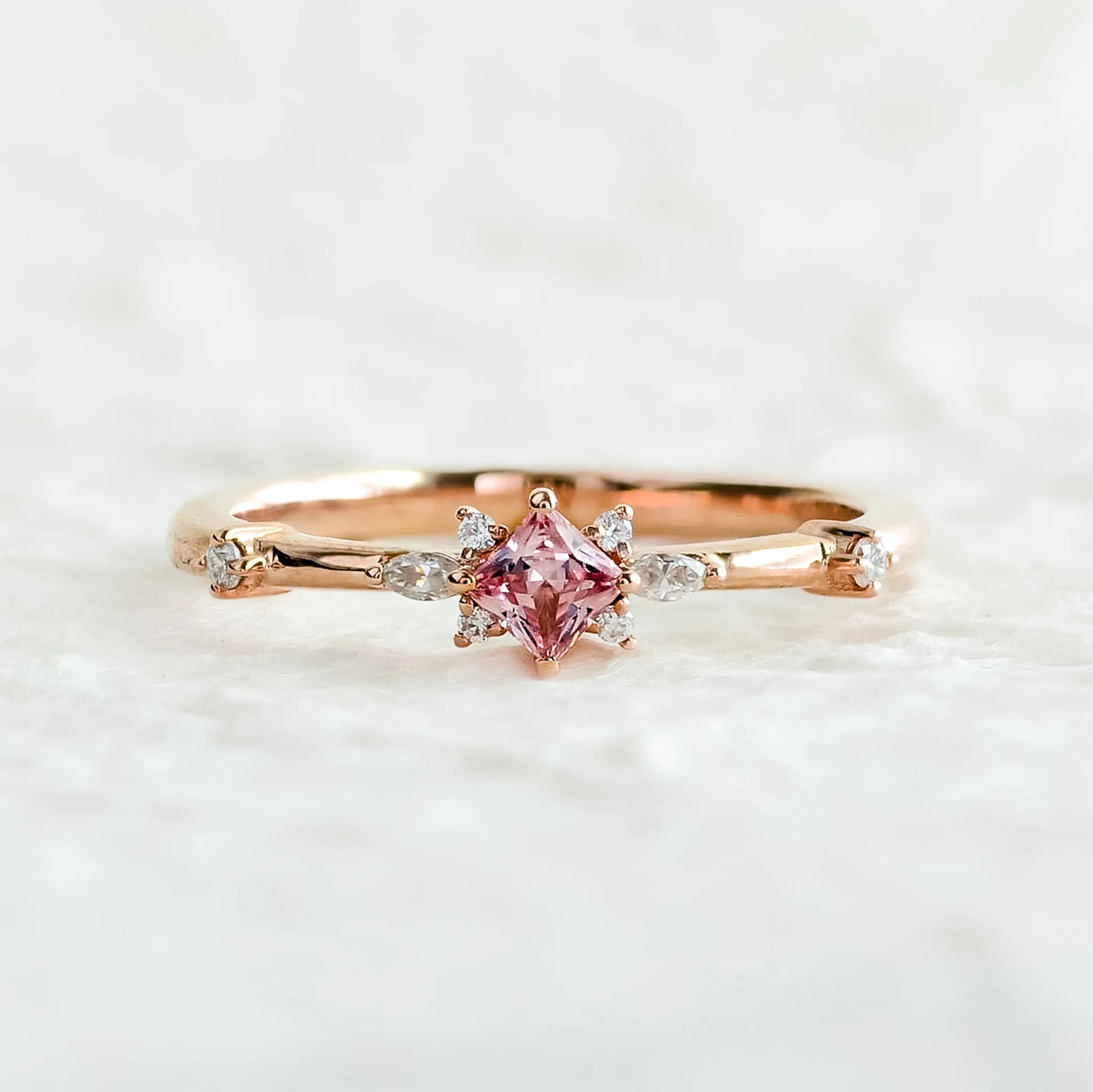 Lilac | Dainty Rosé Sapphire and Moissanite Cluster Ring