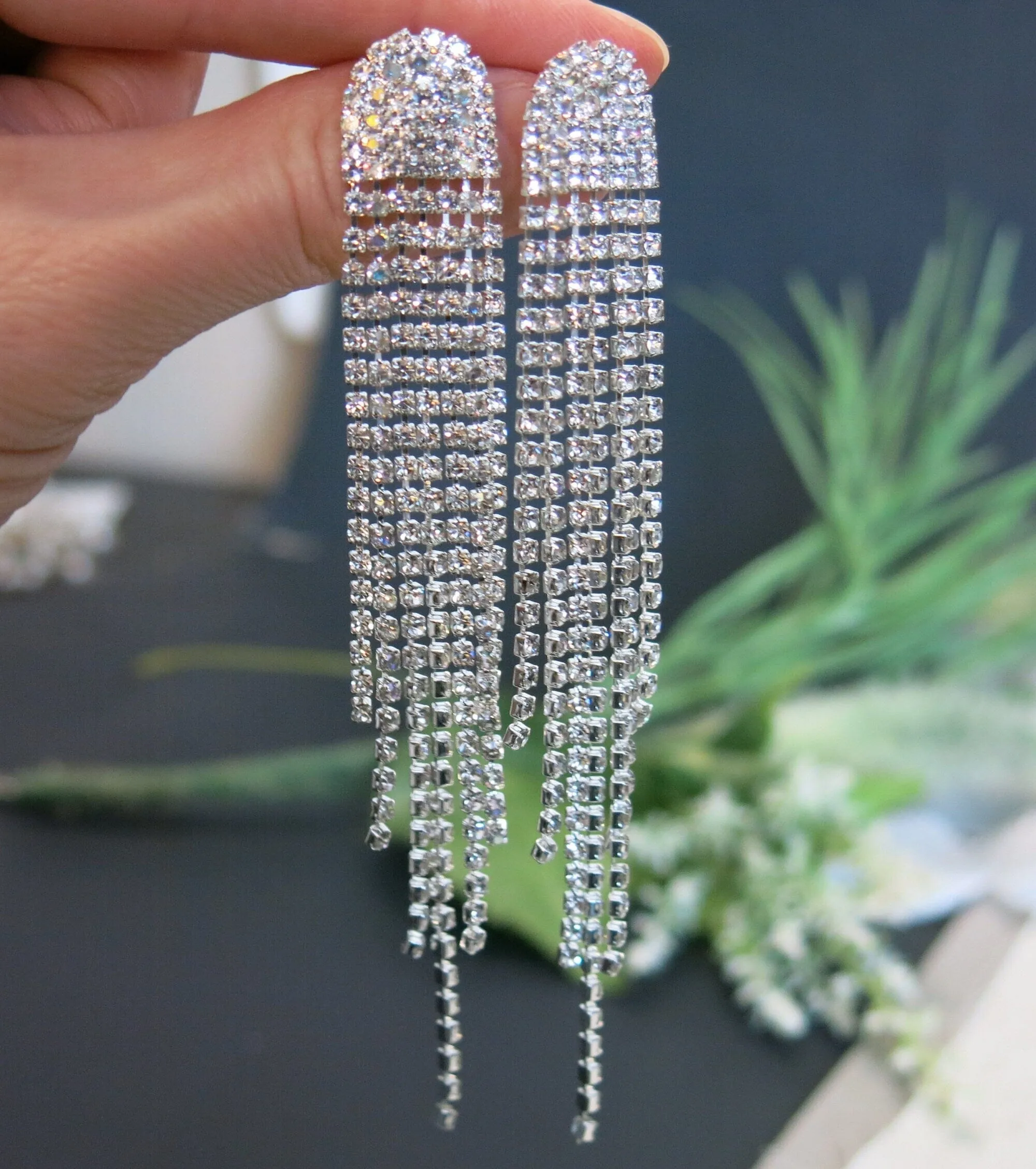 Long Multi Strand Rhinestone Earrings, Wedding Prom Dangle Stud Earrings, Dangle Crystal Chandelier Earrings