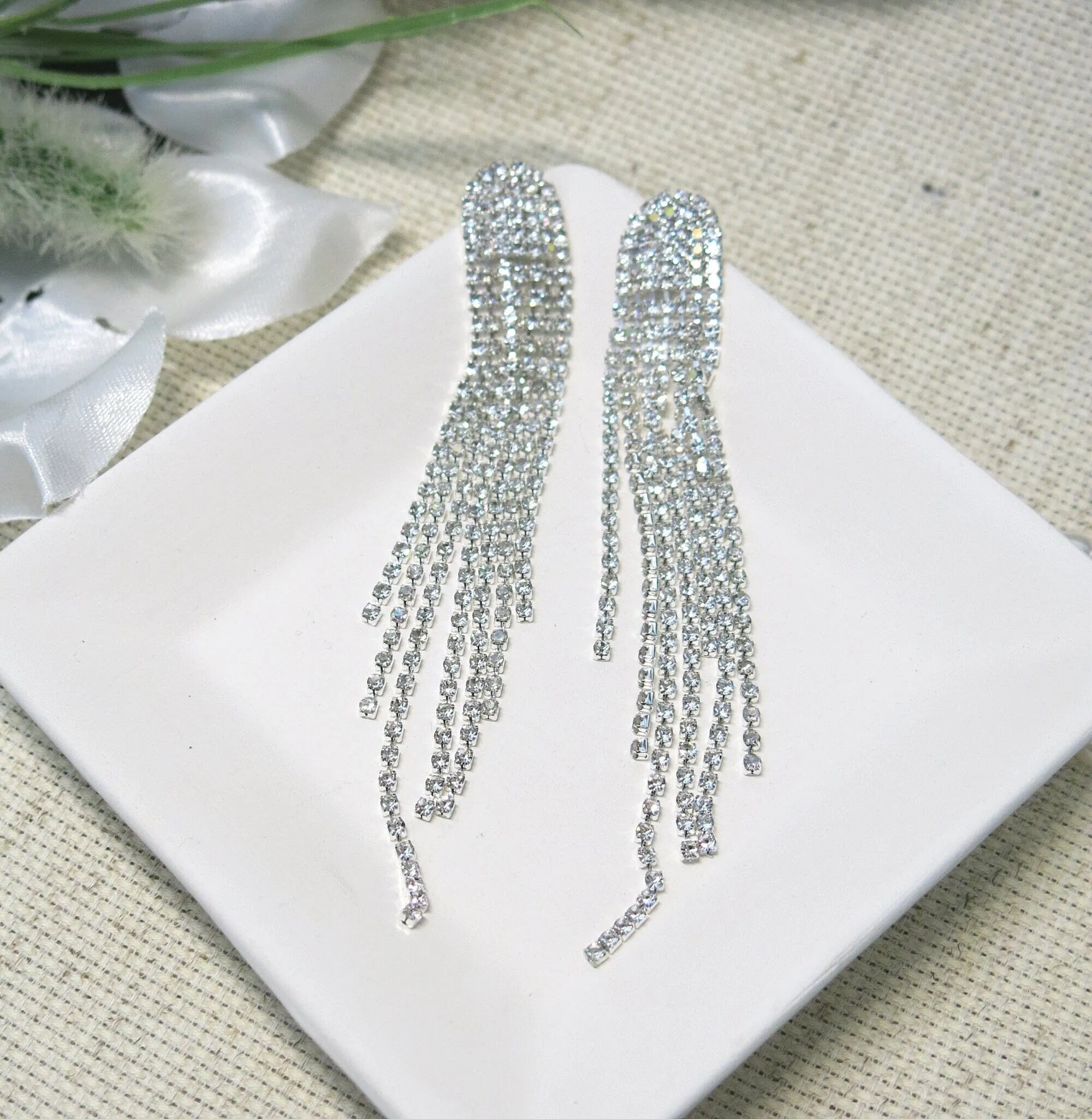 Long Multi Strand Rhinestone Earrings, Wedding Prom Dangle Stud Earrings, Dangle Crystal Chandelier Earrings