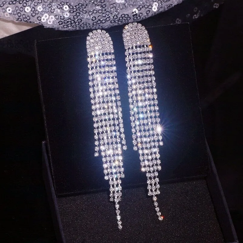 Long Multi Strand Rhinestone Earrings, Wedding Prom Dangle Stud Earrings, Dangle Crystal Chandelier Earrings