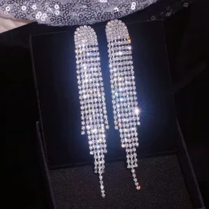 Long Multi Strand Rhinestone Earrings, Wedding Prom Dangle Stud Earrings, Dangle Crystal Chandelier Earrings