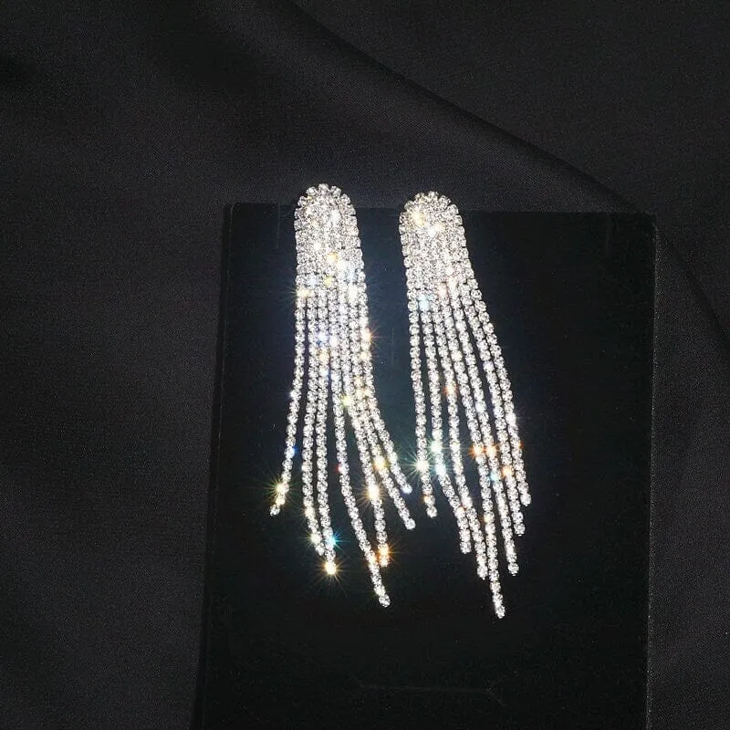 Long Multi Strand Rhinestone Earrings, Wedding Prom Dangle Stud Earrings, Dangle Crystal Chandelier Earrings