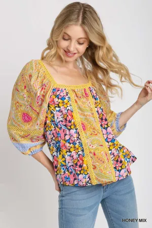 Margot Square Neck Mixed Print Top In Honey Mix