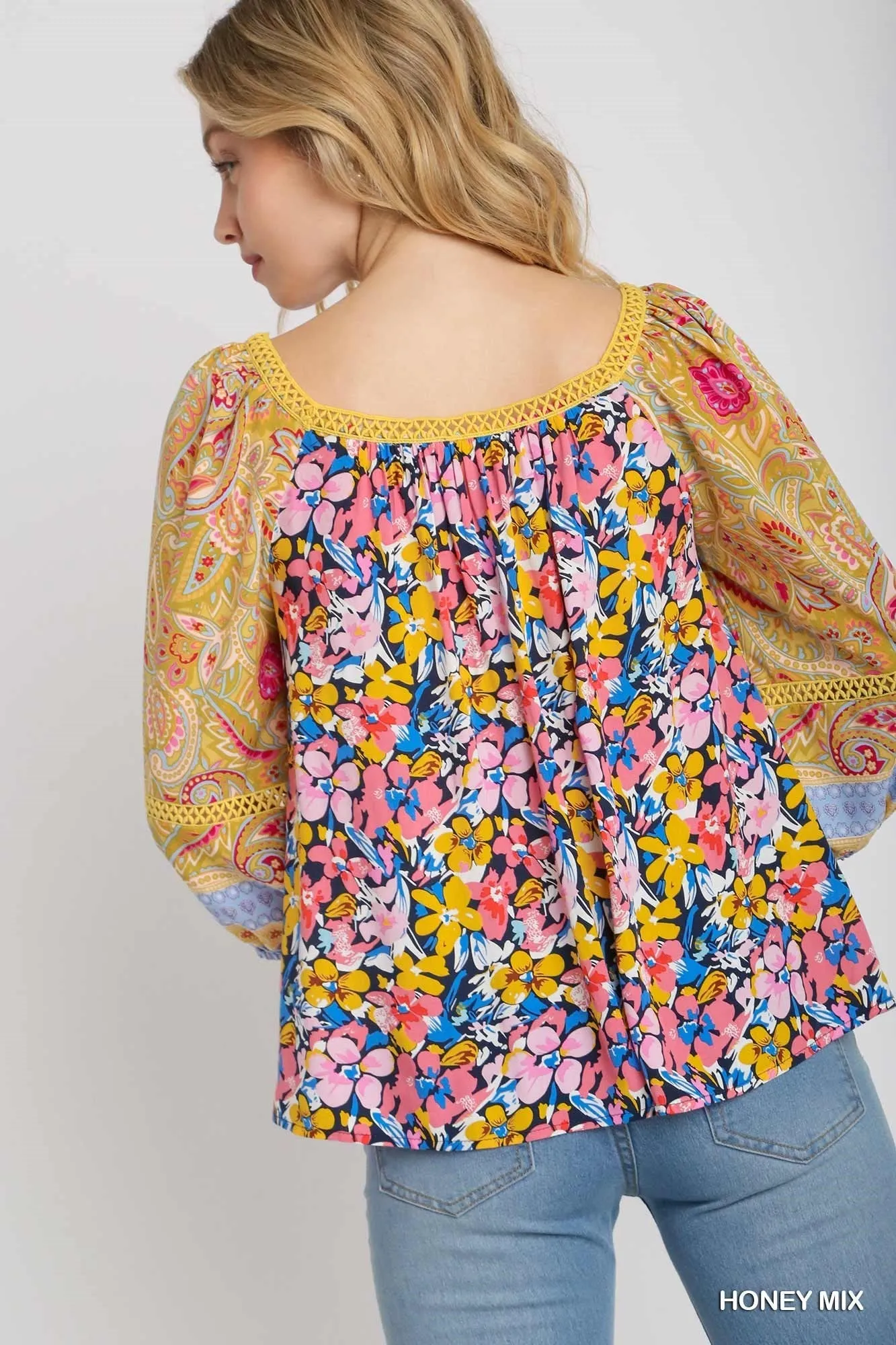 Margot Square Neck Mixed Print Top In Honey Mix