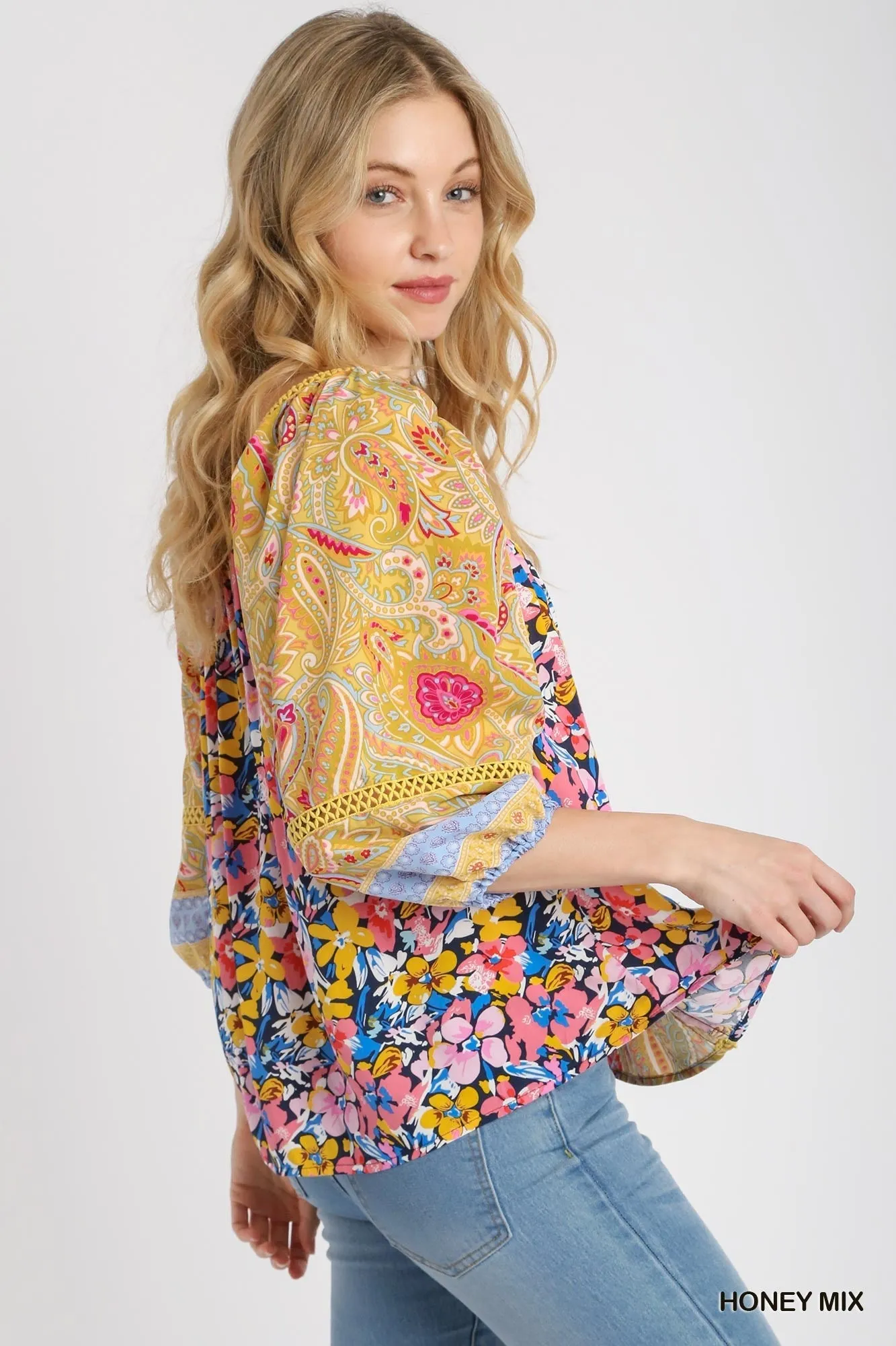 Margot Square Neck Mixed Print Top In Honey Mix