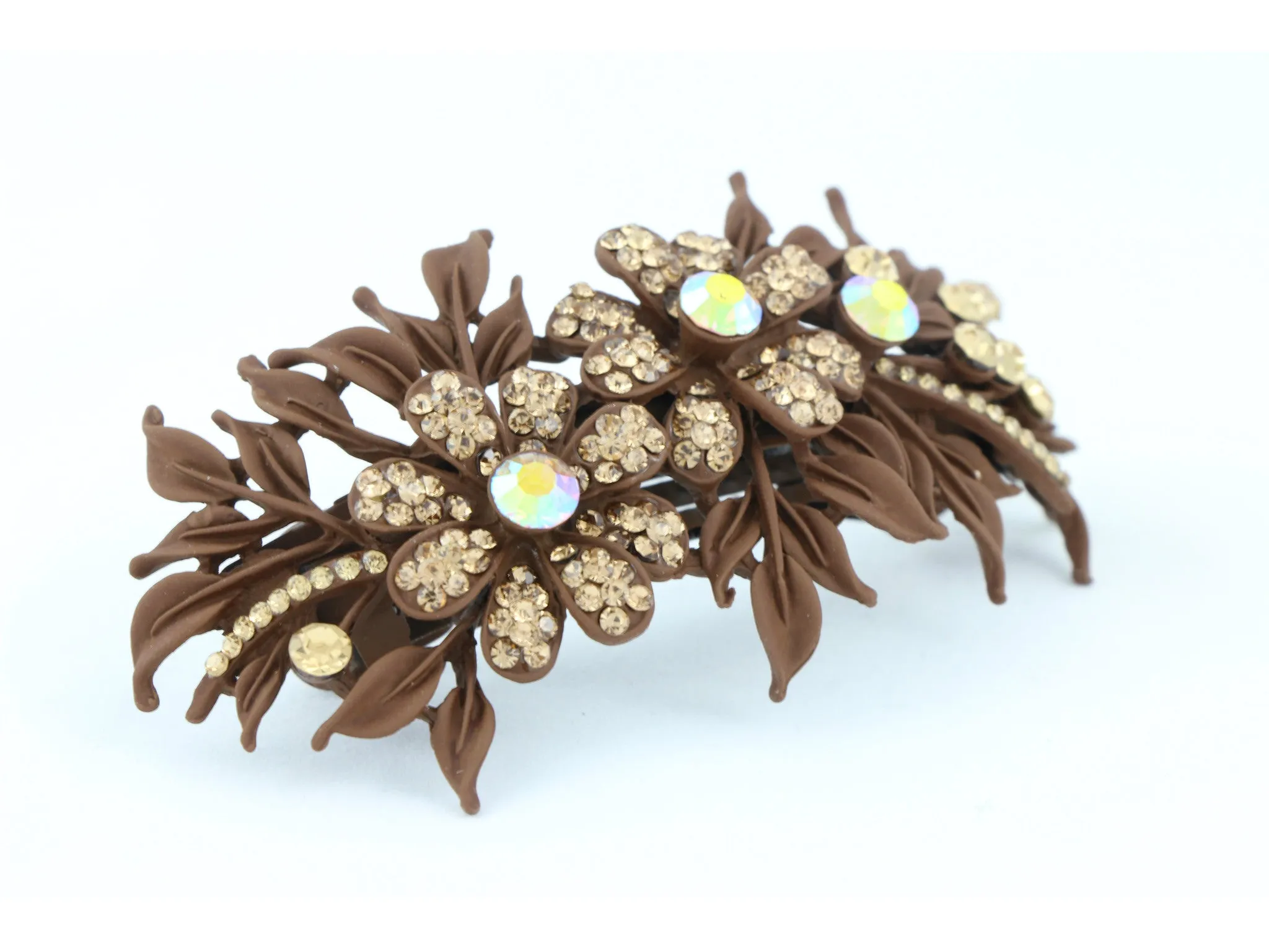 Matte finish hair barrette leaves with sparkling crystal rhinestones - Brown