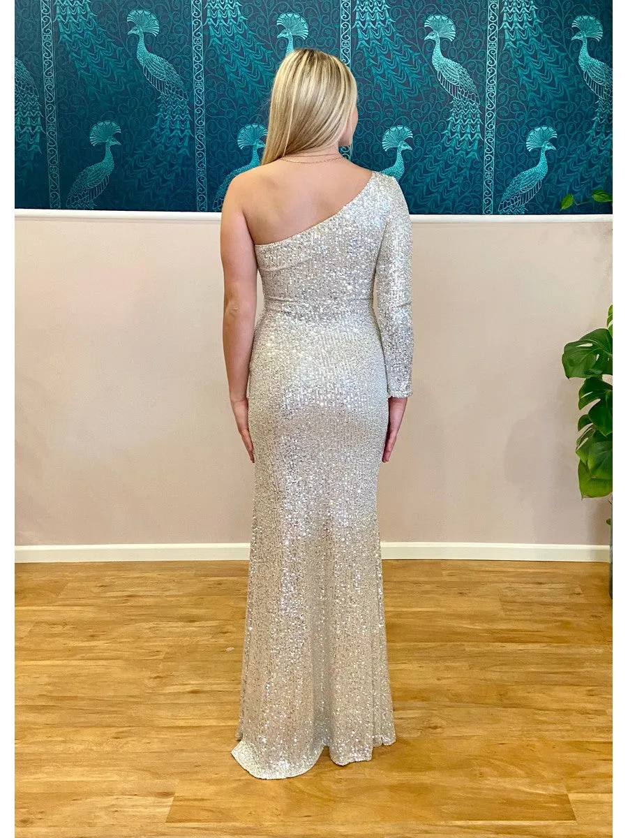 Megan sparkling one sleeved evening dress in silver s10-12 Express NZ wide