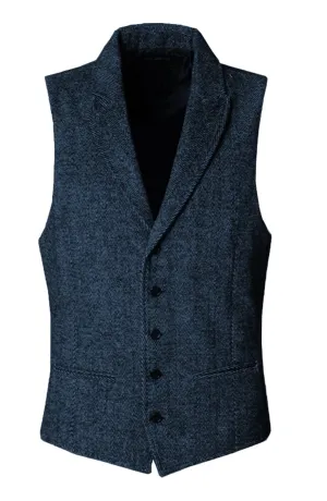 Mens Harris Tweed Herringbone Peak Lapel Waistcoat - Light Blue