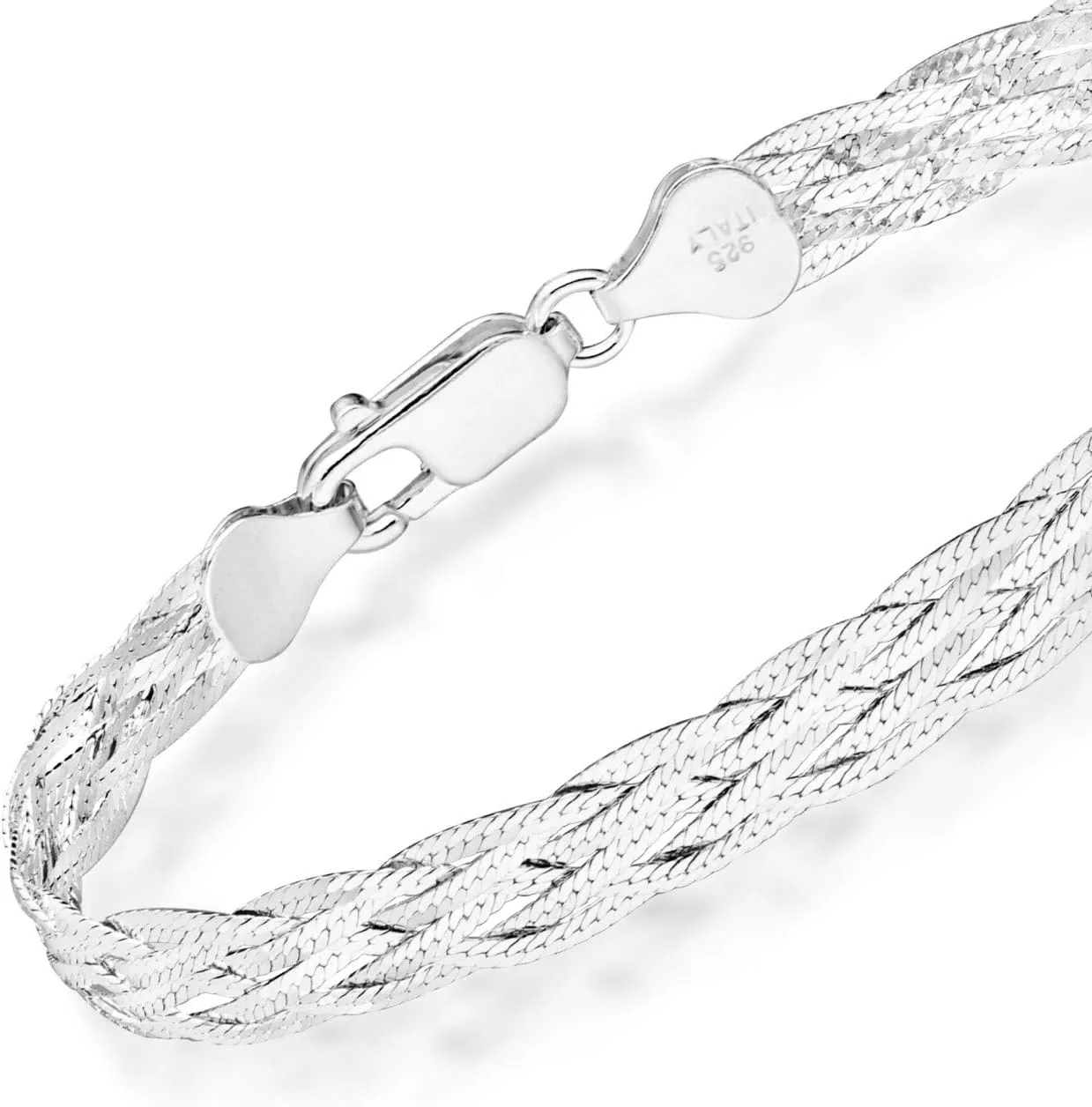Miabella 925 Sterling Silver Italian 6-Strand Diamond-Cut 7mm Braided Herringbone Chain Bracelet for Women, 925 Italy