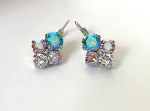 Mixed Crystal size Drop Earrings - Iridescent pink and blue