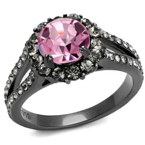 MT0862 - IP Light Black (IP Gun) Stainless Steel Ring with Top Grade Crystal in Light Rose Gunmetal Black Halo Light Rose Crystal Ring October Birthstone