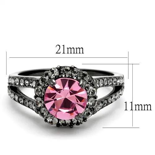 MT0862 - IP Light Black (IP Gun) Stainless Steel Ring with Top Grade Crystal in Light Rose Gunmetal Black Halo Light Rose Crystal Ring October Birthstone