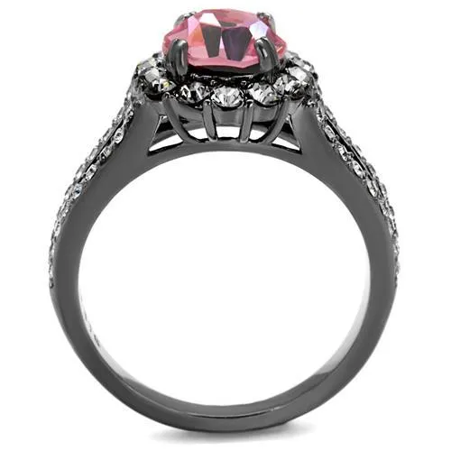 MT0862 - IP Light Black (IP Gun) Stainless Steel Ring with Top Grade Crystal in Light Rose Gunmetal Black Halo Light Rose Crystal Ring October Birthstone