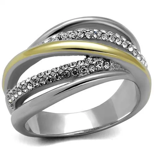 MT3622 - Two-Tone IP Gold (Ion Plating) Stainless Steel Ring with Sparkling Clear Crystals - April Birthstone