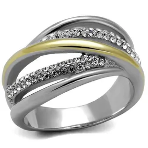 MT3622 - Two-Tone IP Gold (Ion Plating) Stainless Steel Ring with Sparkling Clear Crystals - April Birthstone
