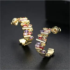 Multicolor Crystal & 18K Gold-Plated Ladder Huggie Earrings