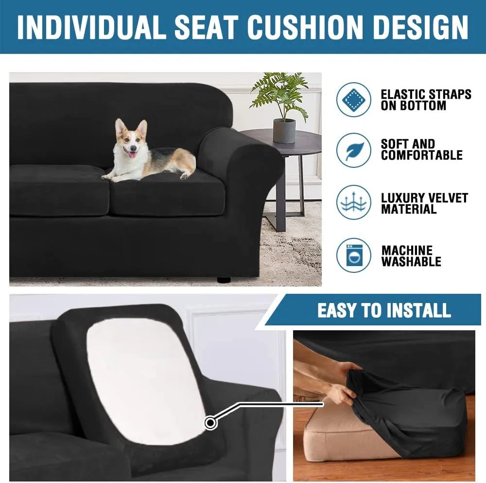 New H. Versailtex Real Velvet Plush 3 Piece Stretch Cover for 2 Cushion Loveseat (Base Cover Plus 2 Individual Cushion Covers) Thick Soft Stay in Place (Medium Sofa, Black)