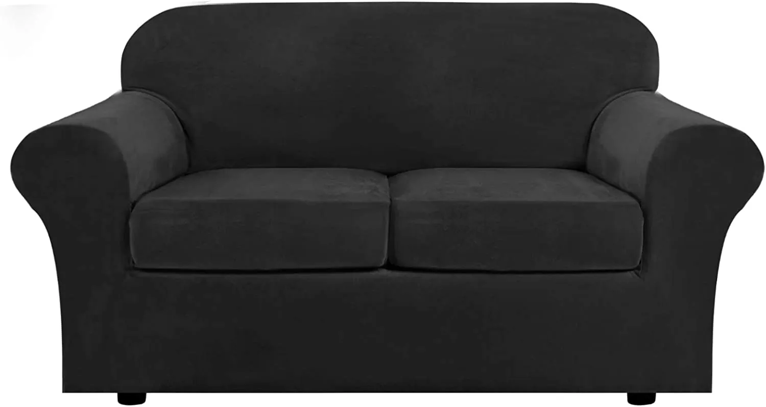 New H. Versailtex Real Velvet Plush 3 Piece Stretch Cover for 2 Cushion Loveseat (Base Cover Plus 2 Individual Cushion Covers) Thick Soft Stay in Place (Medium Sofa, Black)