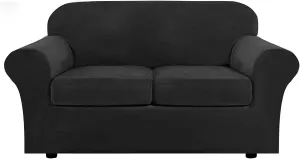 New H. Versailtex Real Velvet Plush 3 Piece Stretch Cover for 2 Cushion Loveseat (Base Cover Plus 2 Individual Cushion Covers) Thick Soft Stay in Place (Medium Sofa, Black)