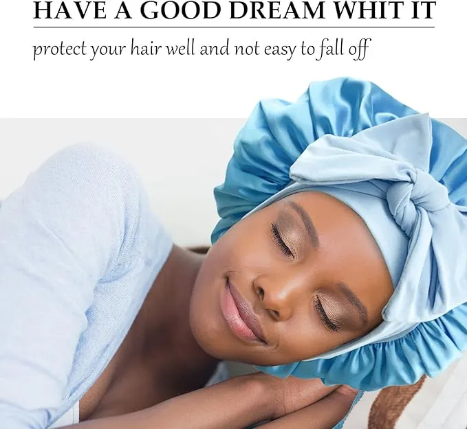 NEW Large Satin Bonnet Silk Bonnet for Sleeping Women, Hair Bonnet for Sleeping with Elastic Tie Band, Hair Cap Night Sleep Caps for Women Curly Braid Hair (Blue)
