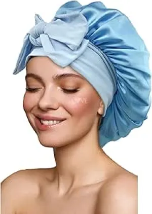 NEW Large Satin Bonnet Silk Bonnet for Sleeping Women, Hair Bonnet for Sleeping with Elastic Tie Band, Hair Cap Night Sleep Caps for Women Curly Braid Hair (Blue)