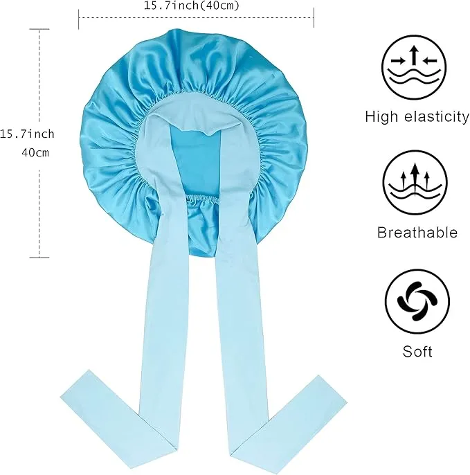 NEW Large Satin Bonnet Silk Bonnet for Sleeping Women, Hair Bonnet for Sleeping with Elastic Tie Band, Hair Cap Night Sleep Caps for Women Curly Braid Hair (Blue)