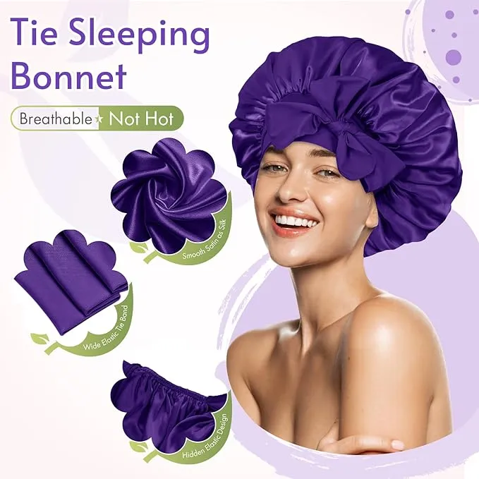 NEW Large Satin Bonnet Silk Bonnet for Sleeping Women, Hair Bonnet for Sleeping with Elastic Tie Band, Hair Cap Night Sleep Caps for Women Curly Braid Hair (Purple)
