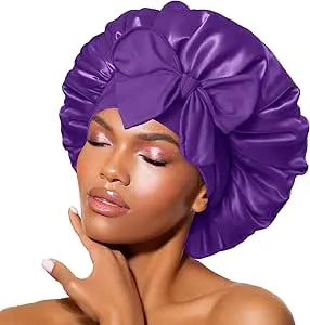 NEW Large Satin Bonnet Silk Bonnet for Sleeping Women, Hair Bonnet for Sleeping with Elastic Tie Band, Hair Cap Night Sleep Caps for Women Curly Braid Hair (Purple)