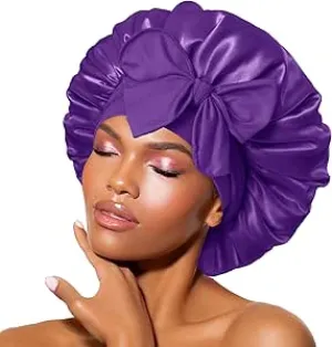 NEW Large Satin Bonnet Silk Bonnet for Sleeping Women, Hair Bonnet for Sleeping with Elastic Tie Band, Hair Cap Night Sleep Caps for Women Curly Braid Hair (Purple)