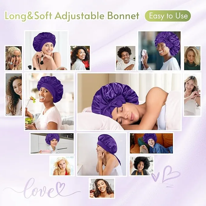 NEW Large Satin Bonnet Silk Bonnet for Sleeping Women, Hair Bonnet for Sleeping with Elastic Tie Band, Hair Cap Night Sleep Caps for Women Curly Braid Hair (Purple)