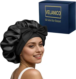 NEW Retails $50 Velanico Hair Bonnet, Silk Satin Hair Bonnet Sleeping Cap for Women, Soft and Comfortable Curly Hair Wrap Bonnet, Black