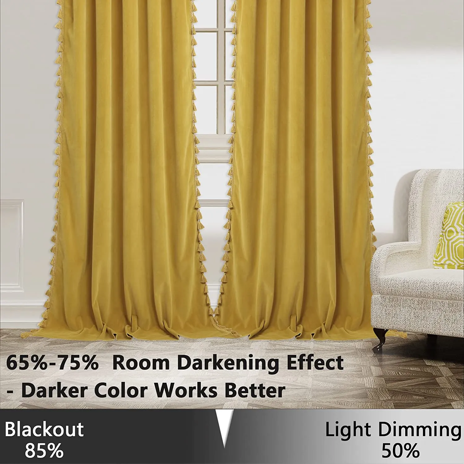 New Soft, Luxurious, Elegant Chic Yellow Velvet Rod Pocket Curtains with Decorative Boho Tassels! Light Reducing, 42 x 96 Inch, 2 Panels Retails $147 