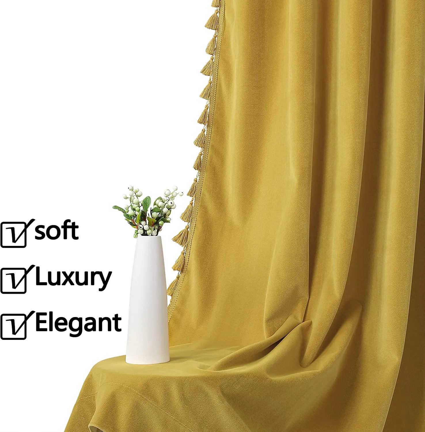 New Soft, Luxurious, Elegant Chic Yellow Velvet Rod Pocket Curtains with Decorative Boho Tassels! Light Reducing, 42 x 96 Inch, 2 Panels Retails $147 