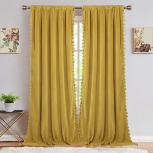 New Soft, Luxurious, Elegant Chic Yellow Velvet Rod Pocket Curtains with Decorative Boho Tassels! Light Reducing, 42 x 96 Inch, 2 Panels Retails $147 