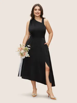 NEW Women's Bloomchic Solid Asymmetrical Neck Split Hem Dress Black, Satin Like Material, Sz 12