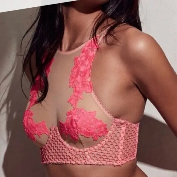 NWT Victoria's Secret Dream Angels Embroidered High Neck Bra 32C Unlined Sheer