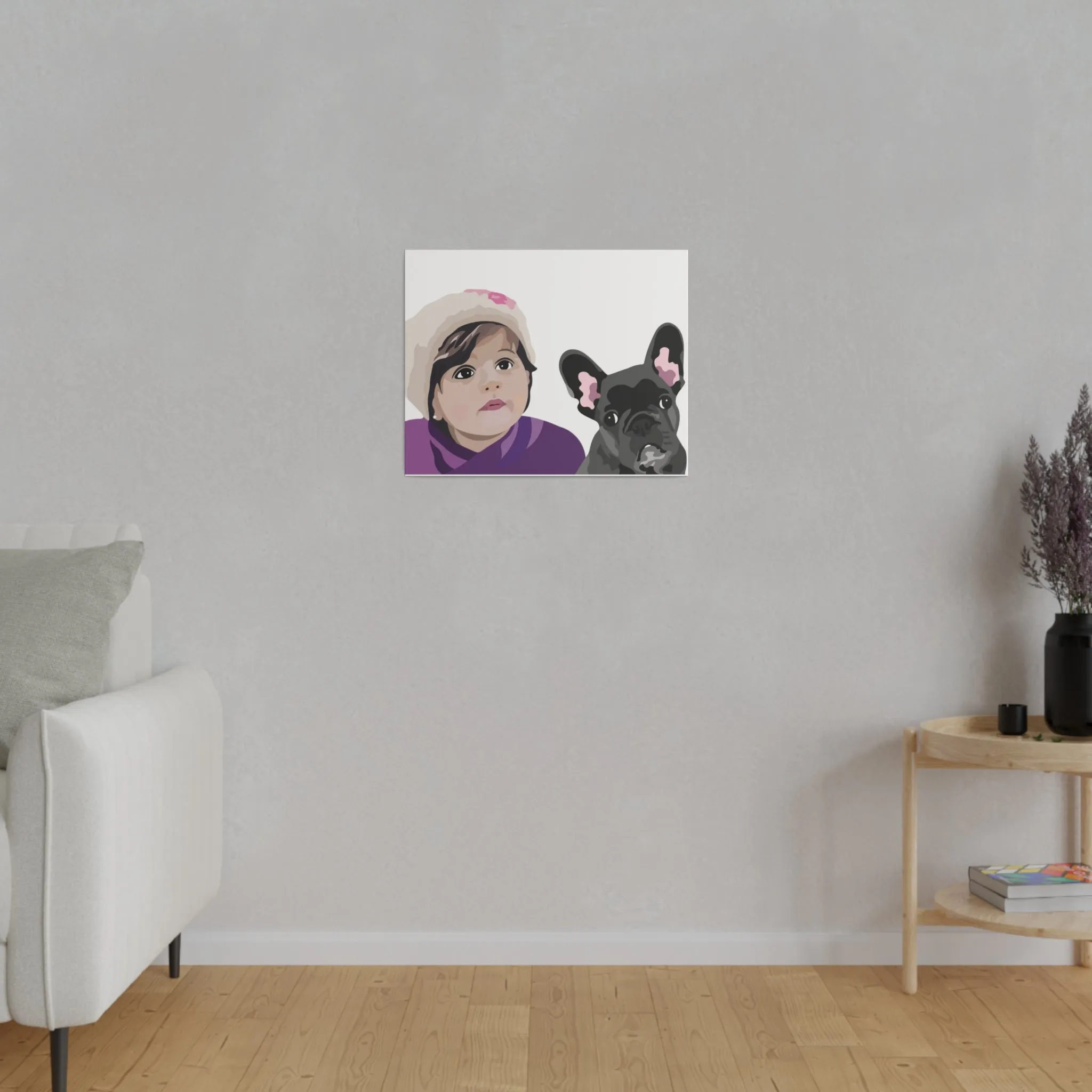 One Pet   One Person Custom Pet Portrait on Canvas | White Background | Custom Hand-Drawn Pet Portrait in Cartoon-Realism Style