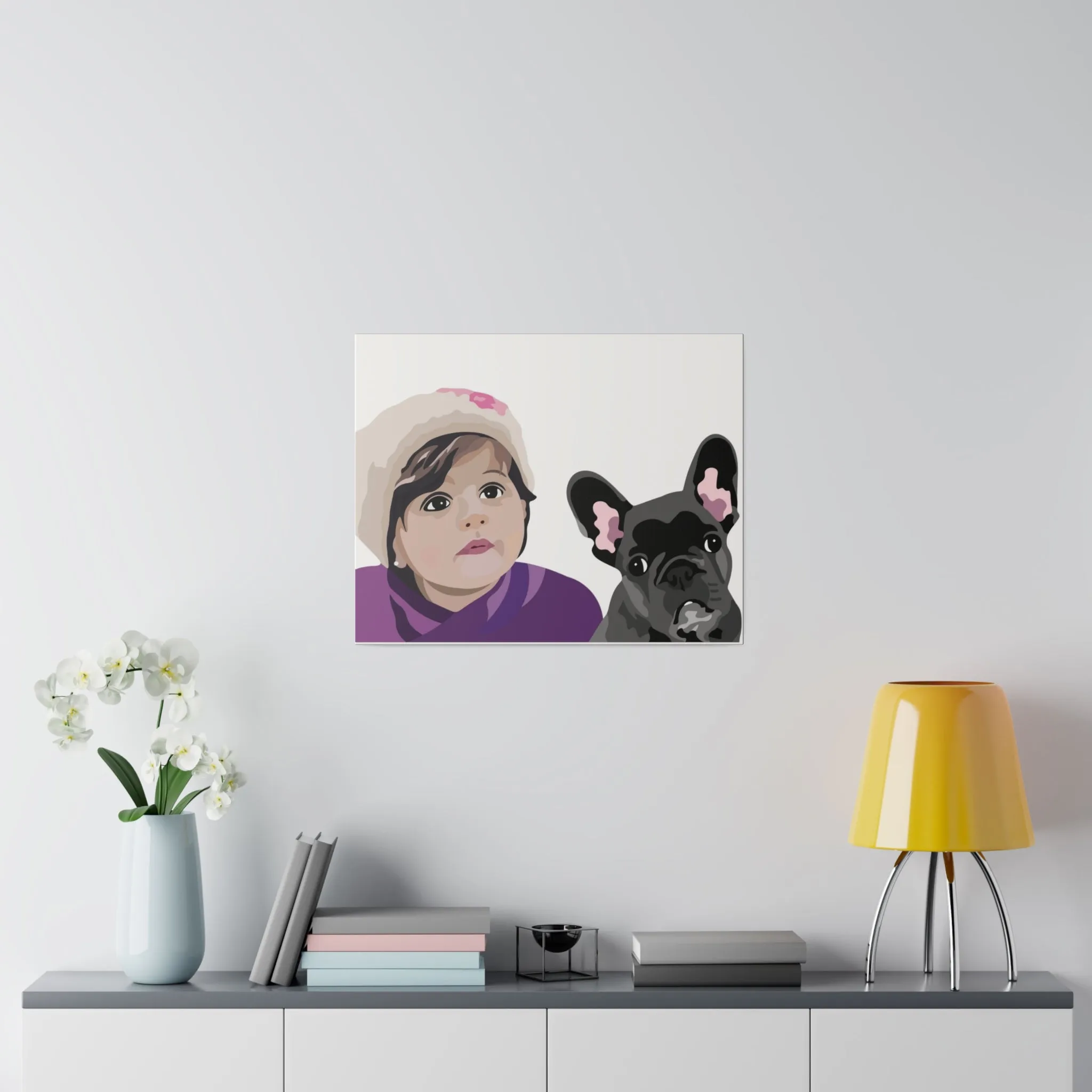 One Pet   One Person Custom Pet Portrait on Canvas | White Background | Custom Hand-Drawn Pet Portrait in Cartoon-Realism Style