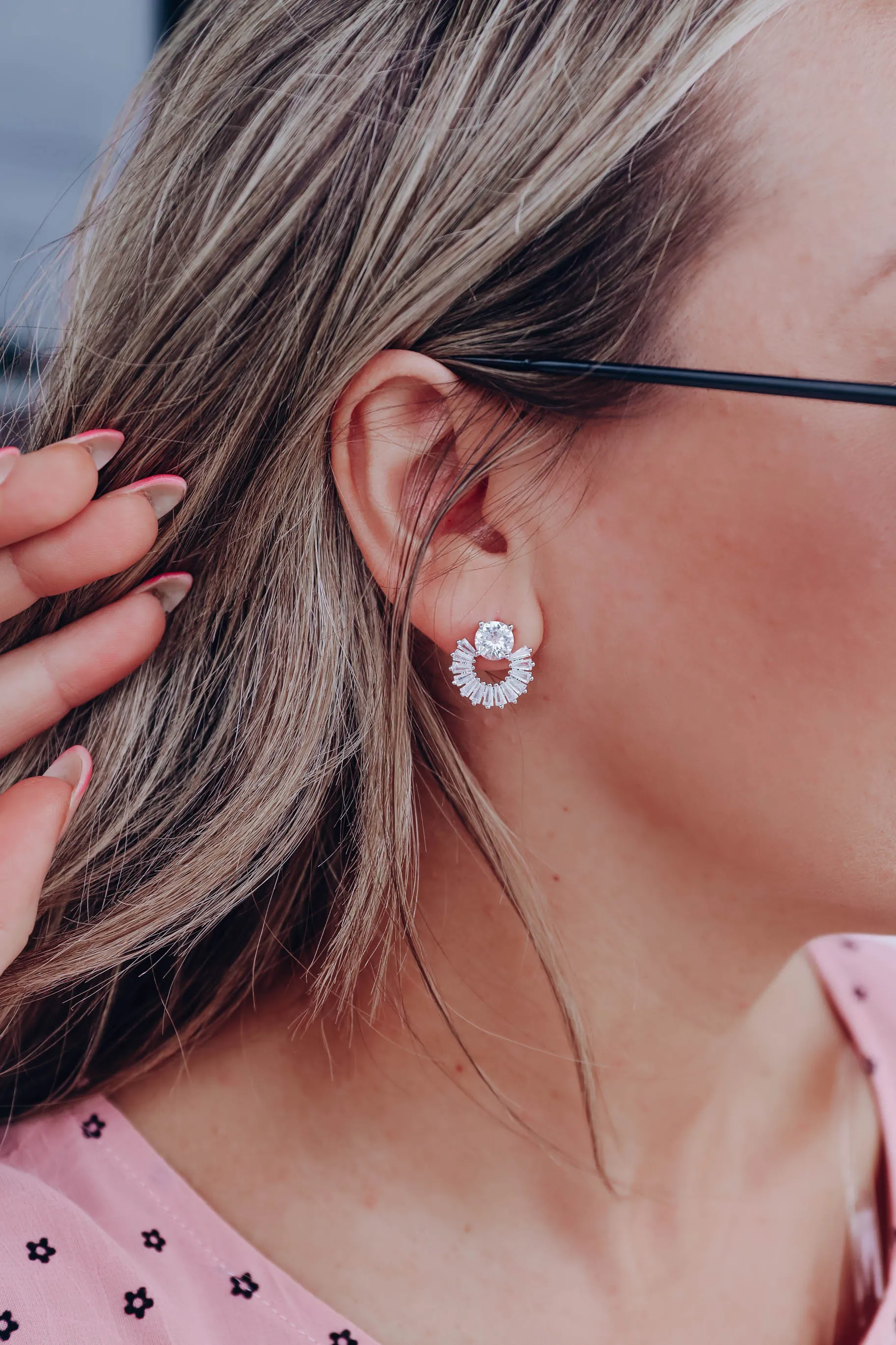 Open Crystal Stud Earrings - Silver